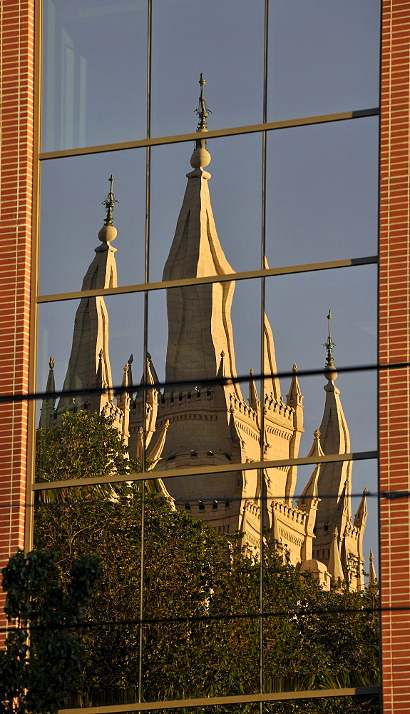 Reflection in an office building, Temple of The Church of Jesus Christ of Latter-day Saints, Church of Mormons, Temple Square, Salt Lake City, Utah, United States of America, America