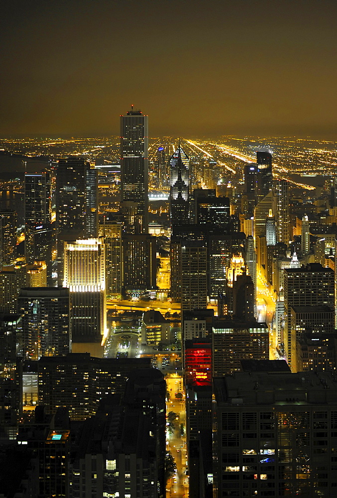 Night shot, Trump Tower, Wrigley Building, Aon Center, Two Prudential Plaza, Chicago, Illinois, United States of America, USA