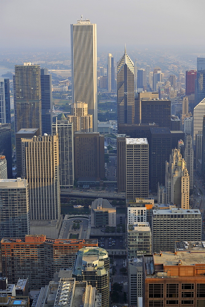 Looking north towards Two Prudential Plaza, Aon Center, Tribune Tower, Wrigley Building skyscrapers, Chicago, Illinois, United States of America, USA