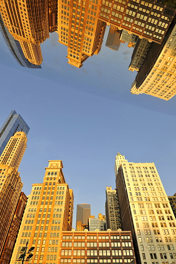 Chicago skyline being reflected on the surface of the Cloud Gate sculpture, Legacy at Millennium Park Building, Pittsfield Building, sculpture, nicknamed The Bean, created by Anish Kapoor, AT&T Plaza, Millennium Park, Chicago, Illinois, United States of A