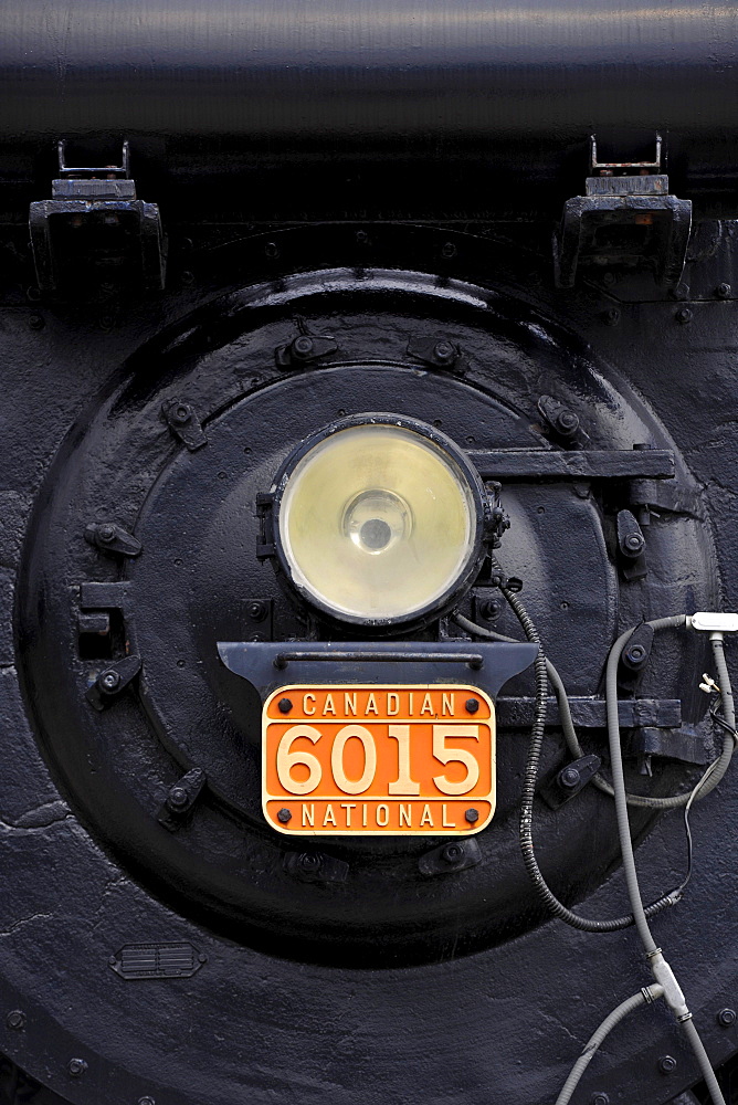 Front of the steam locomotive 6015 Mountain Type U-1-A with nameplate, Canadian Locomotive Company, 1923, Jasper station, Jasper National Park, Canadian Rockies, Rocky Mountains, Alberta, Canada