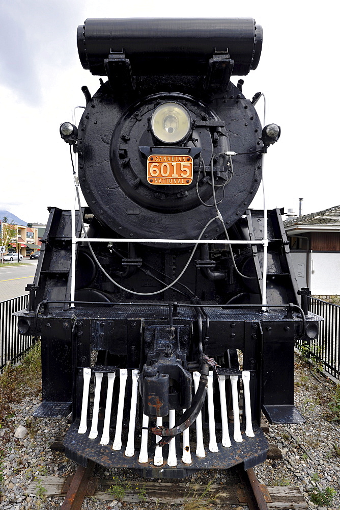 Front of the steam locomotive 6015 Mountain Type U-1-A with nameplate, Canadian Locomotive Company, 1923, Jasper station, Jasper National Park, Canadian Rockies, Rocky Mountains, Alberta, Canada