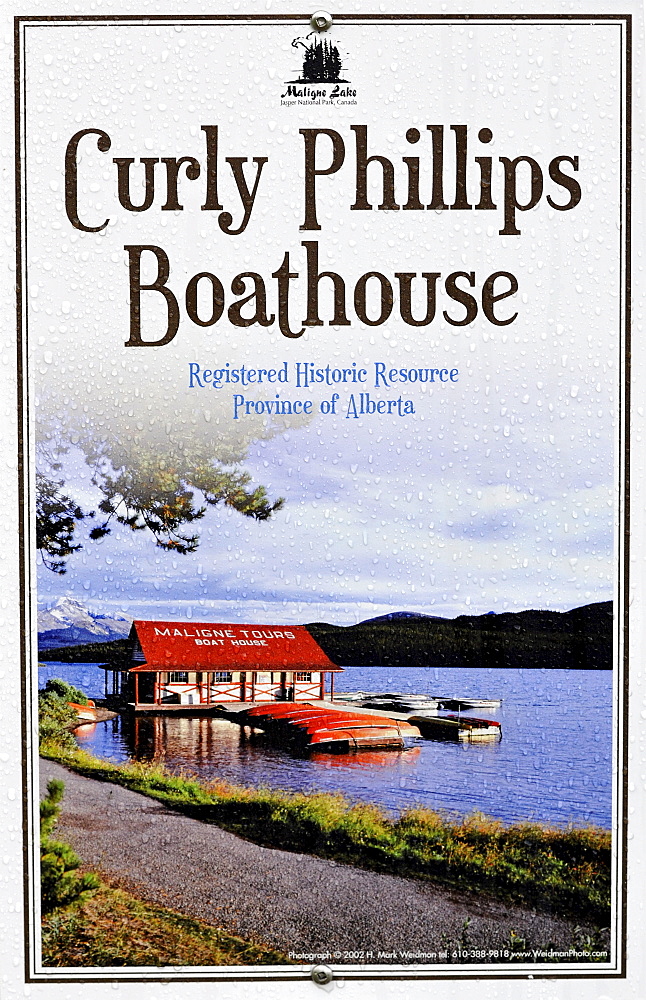 Sign, Curly Phillips Boathouse, historic boathouse on the shore of Maligne Lake, Maligne Valley, Jasper National Park, Alberta, Canada