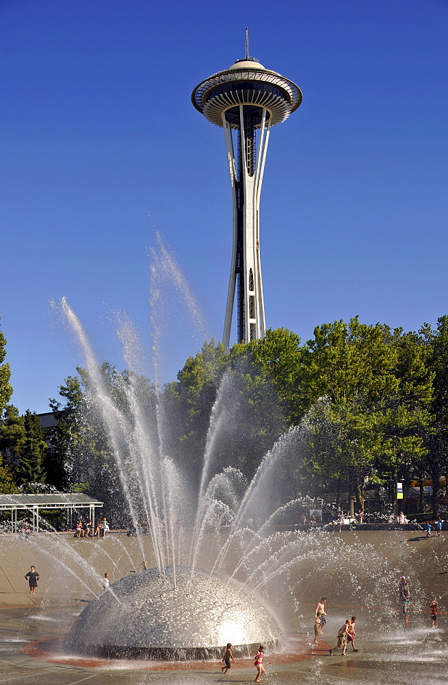 Fountains, International Fountain in front of the Space Needle, Seattle Center, Seattle, Washington, United States of America, USA