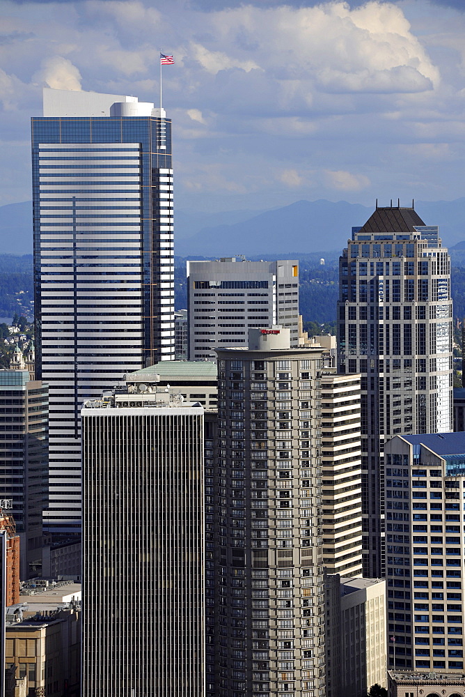 View from Space Needle to the southeast, Skyline Financial District Seattle with Two Union Square Tower, Westin Hotel, U.S. Bank Center, Washington, United States of America, USA