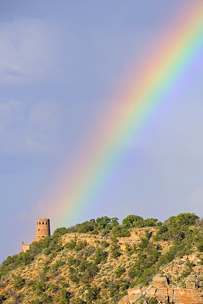 Watchtower and rainbow, Desert View Point, seen from Navajo Point, Grand Canyon National Park, Arizona, USA, United States of America