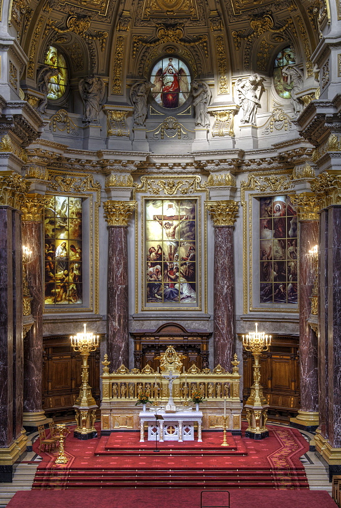 Berlin Cathedral, interior, view from the gallery towards the altar, painted dome and painted glass windows, Berlin, Germany, Europe