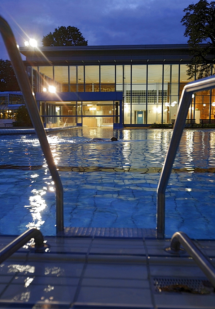 Cold bathing hall and outdoor pools of Leuze Mineral Spa Bath in Stuttgart, Baden-Wuerttemberg, Germany, Europe