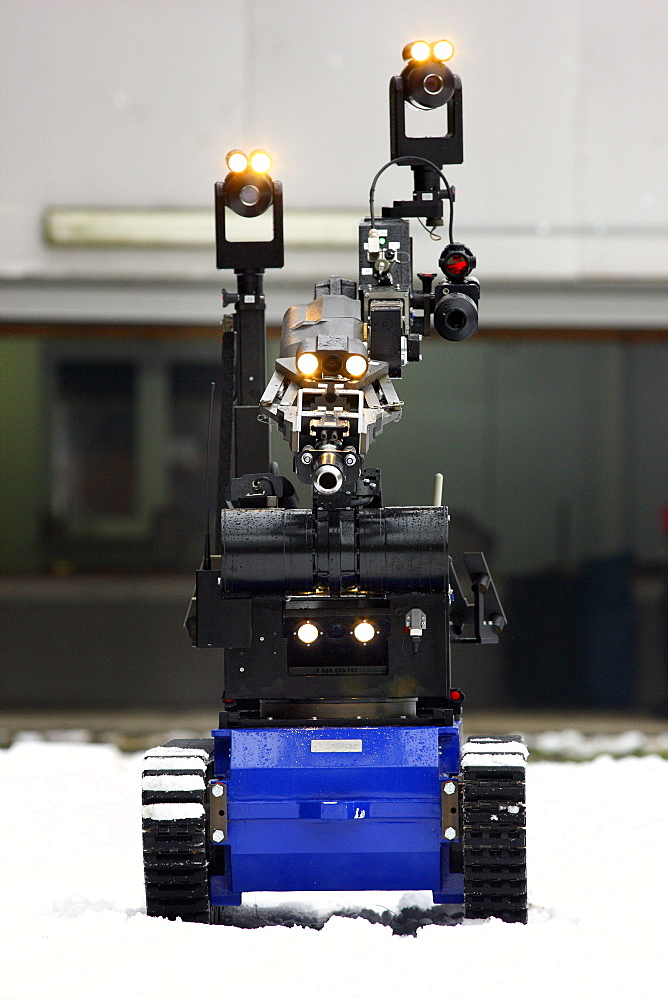 Radio control robot from the Telerob company to defuse explosives, bombs and other dangerous devices by remote control, the water gun uses extreme high pressure to render the explosive device unusable