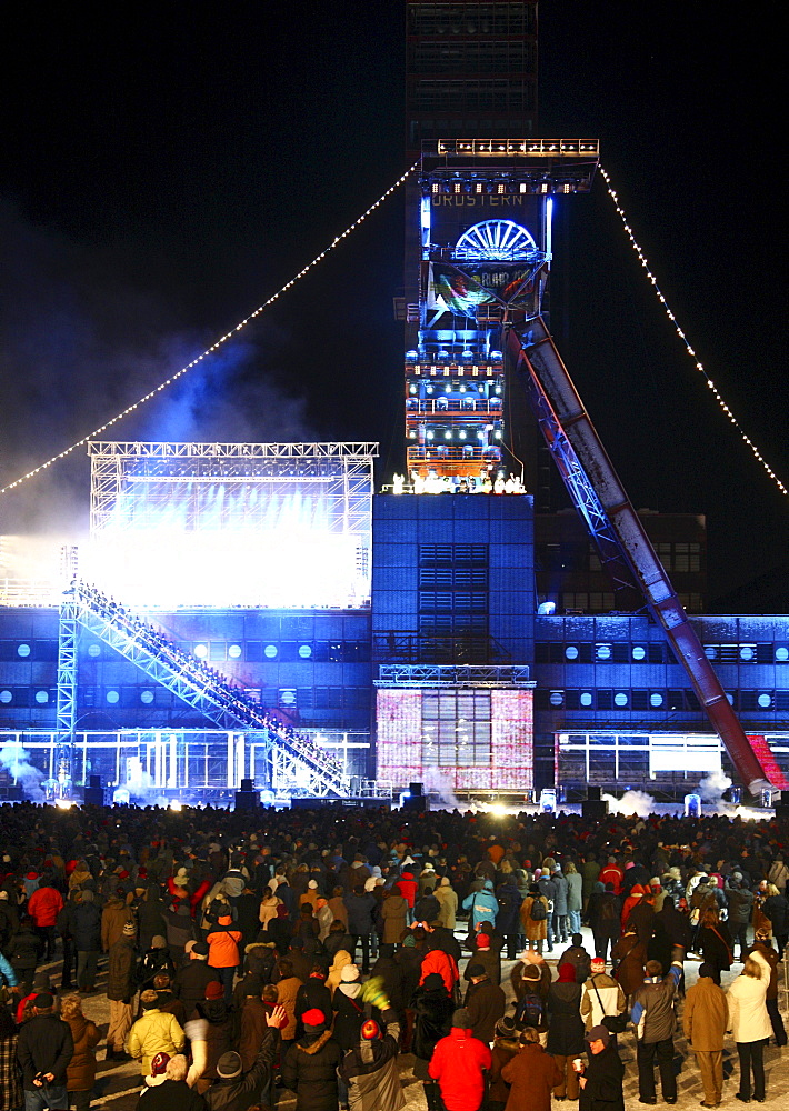 Final event of Ruhr2010, capital of culture year, former mine Zeche Nordstern is illuminated as a ship, live show, Gelsenkirchen, North Rhine-Westphalia, Germany, Europe