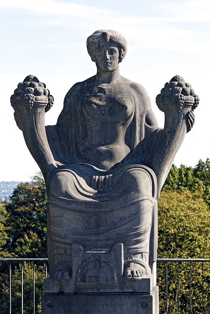 Sulpture of a woman with two cornucopias, monument to Friedrich Krupp, park of Villa Huegel, Essen-Baldeney, North Rhine-Westphalia, Germany, Europe