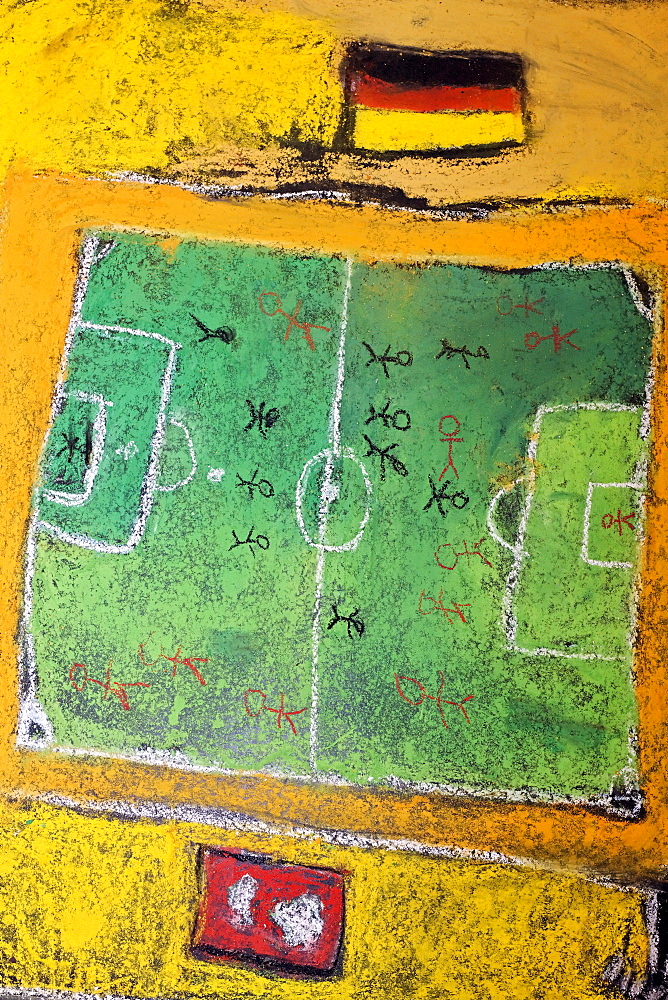 Soccer field and a German national flag, chalk drawing, painted on the floor by children, Germany, Europe