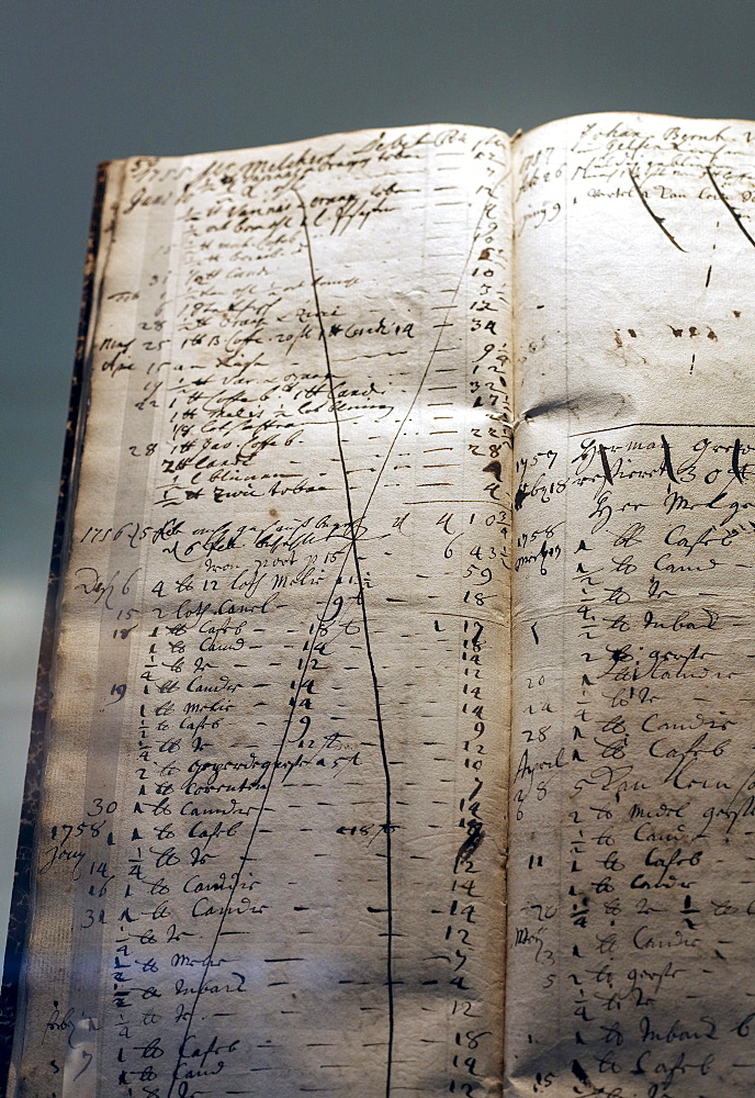 Historic notebook, account book, trading operations of Friedrich Jodocus Krupp, 18th century, Villa Huegel mansion, Baldeney district, Essen, North Rhine-Westphalia, Germany, Europe