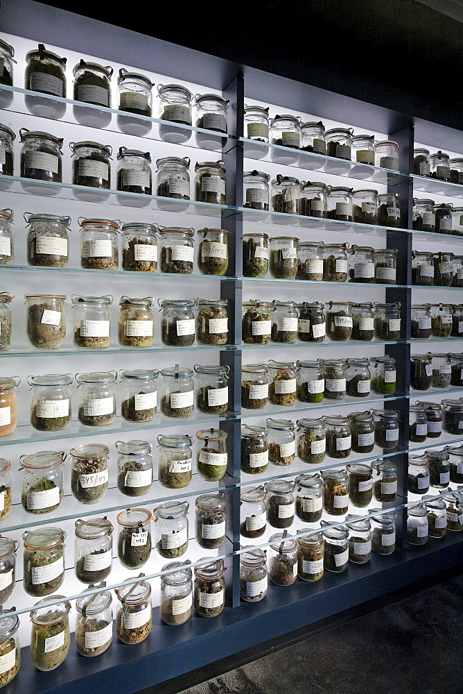 Glasses with contaminated soil samples from old industrial sites, Altlast Zinkstrasse, New Ruhr Museum, Zollverein Coal Mine Industrial Complex, Essen, North Rhine-Westphalia, Germany, Europe