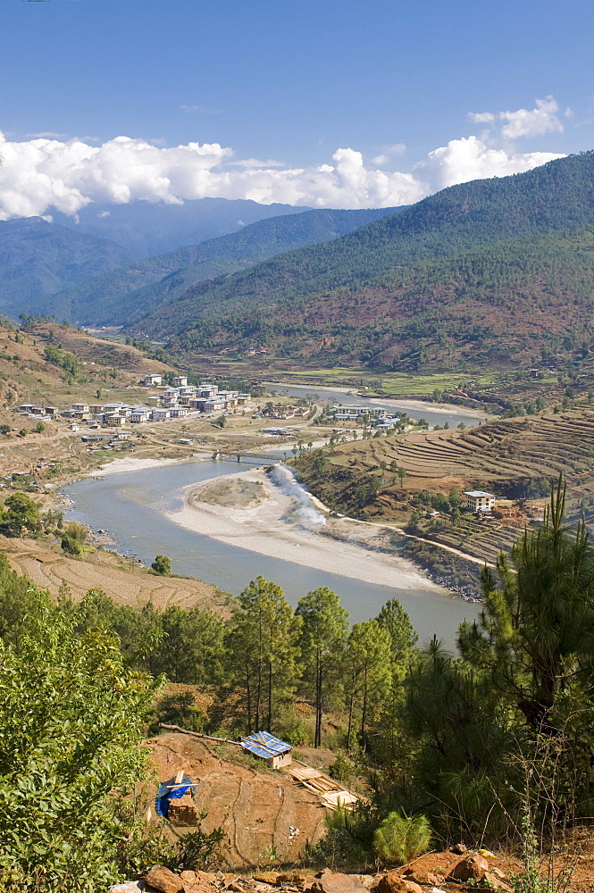 Mo Chhu and Pho Chhu river flowing through Punakha, Bhutan, Asia