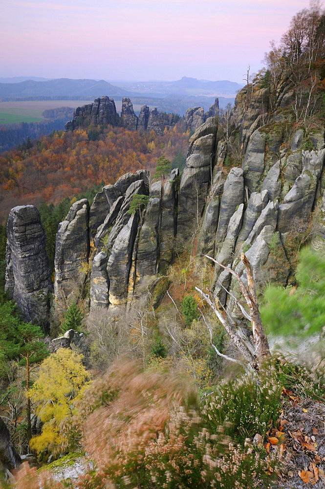 View of the Elbe valley from the Schrammsteine rock formation, Saechsische Schweiz, Saxon Switzerland, Elbe Sandstone Mountains, Saxony, Germany, Europe