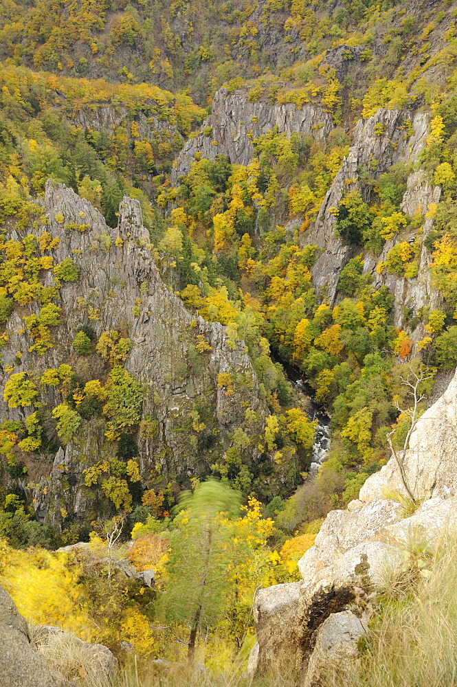 View of the Bodetal valley as seen from Rosstrappe granite crag in autumn, Saxony-Anhalt, Germany, Europe