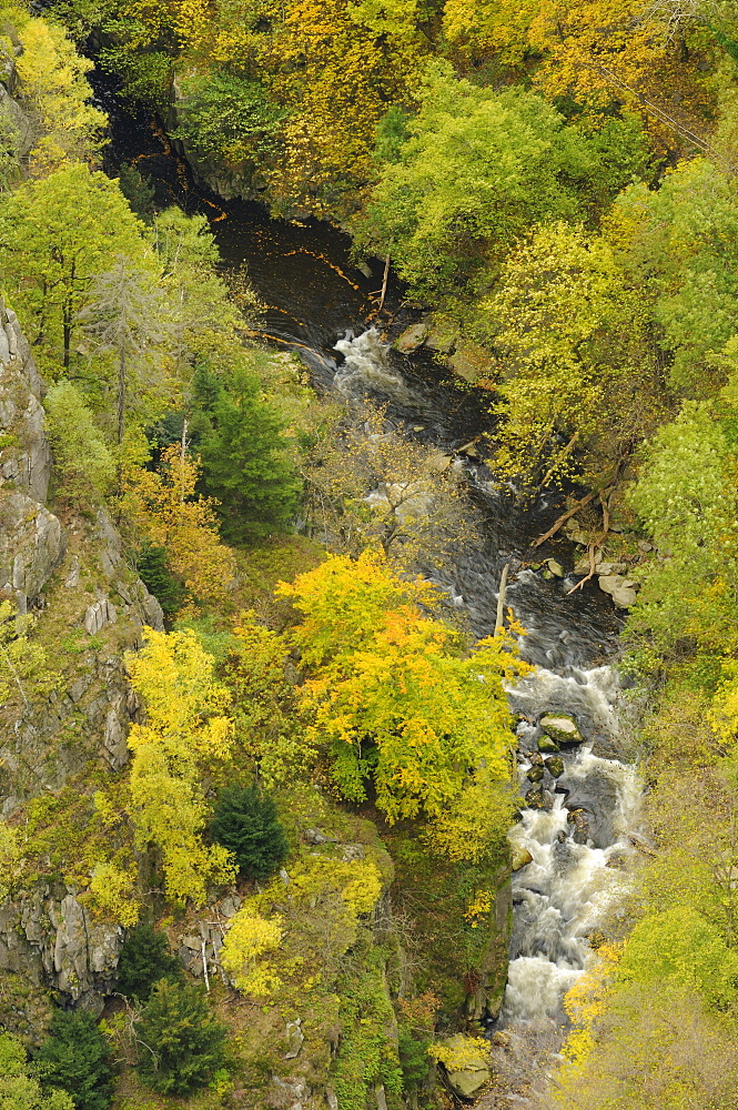 View of the Bodetal valley as seen from Rosstrappe granite crag in autumn, Saxony-Anhalt, Germany, Europe