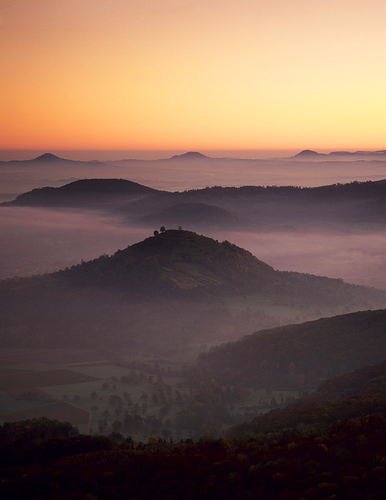 View from Breitenstein mountain across Limburg castle towards the three Kaiser mountains, near Weilheim, Swabian Alb, Germany, Europe