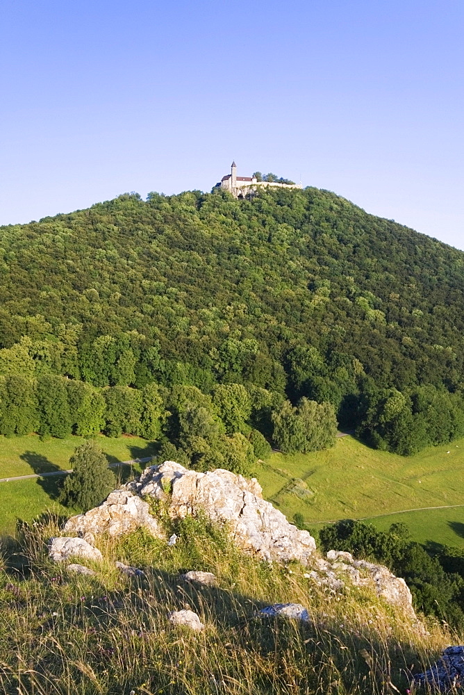 Burg Teck castle on a rocky spur on the Swabian Alb near Kirchheim, Baden-Wuerttemberg, Germany, Europe