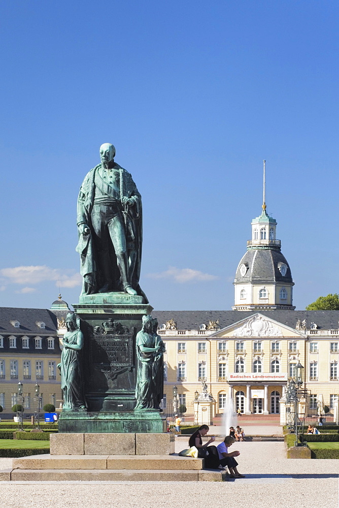 Schloss Karlsruhe castle with the statue of the Archduke of Baden, Baden-Wuerttemberg, Germany, Europe