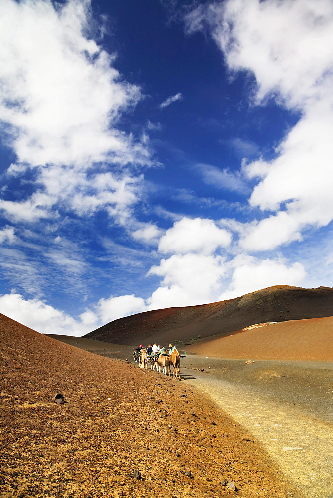 Tourists riding dromedaries in the Timanfaya National Park, Lanzarote, Canary Islands, Spain, Europe