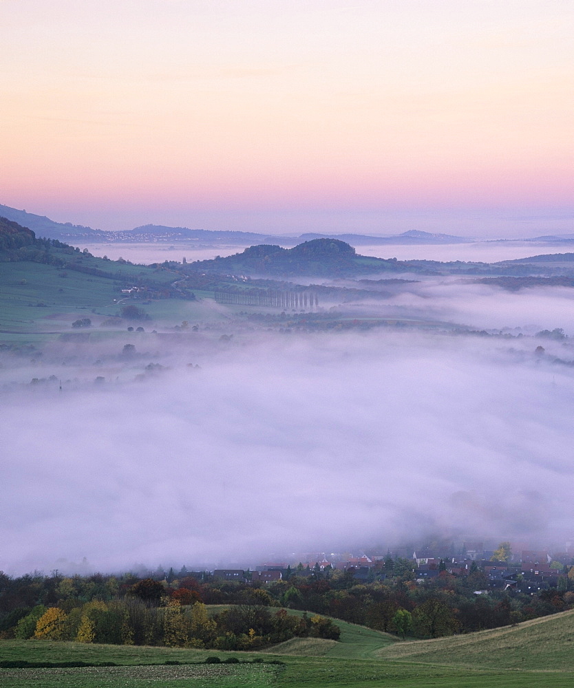 Early morning mist at Albtrauf near Beuren, Swabian Alb, Baden-Wuerttemberg, Germany, Europe