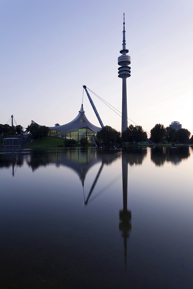 Olympiaturm tower and Olympiahalle, a multi-purpose arena, at dawn, Munich, Upper Bavaria, Bavaria, Germany, Europe