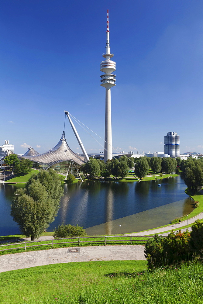 Olympic Park with television tower, Olympic Hall and BMW Tower, Munich, Upper Bavaria, Bavaria, Germany, Europe