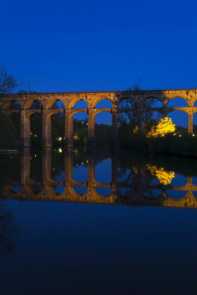 Viaduct reflected in the Neckar river, Bietigheim, Baden-Wuerttemberg, Germany, Europe