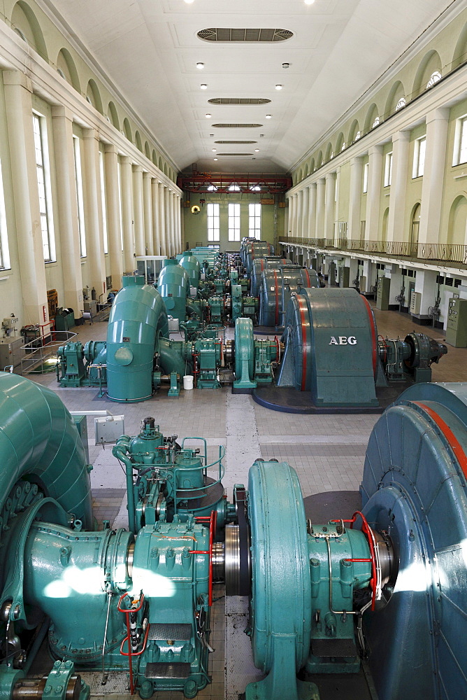 Turbine Hall, powerhouse of the Walchensee Hydroelectric Power Station, hydroelectric power from Lake Walchen to Lake Kochel, Kochel, Upper Bavaria, Bavaria, Germany, Europe