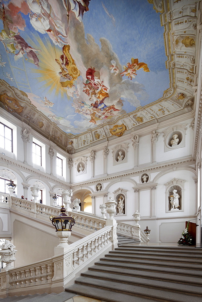 Emperor's Staircase in the Imperial Wing, ceiling frescoes by Paul Troger, Goettweig Abbey, Wachau, Mostviertel, Must Quarter, Lower Austria, Austria, Europe