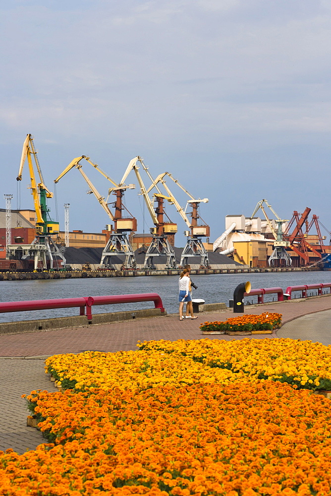 View of the port, Ostas ielas promenade, Spikeru piekraste, Ostas Street Promenade, Coast of Warehouses, Venta Embankment, Ventmala, Ventspils, Kurzeme, Latvia, Northern Europe