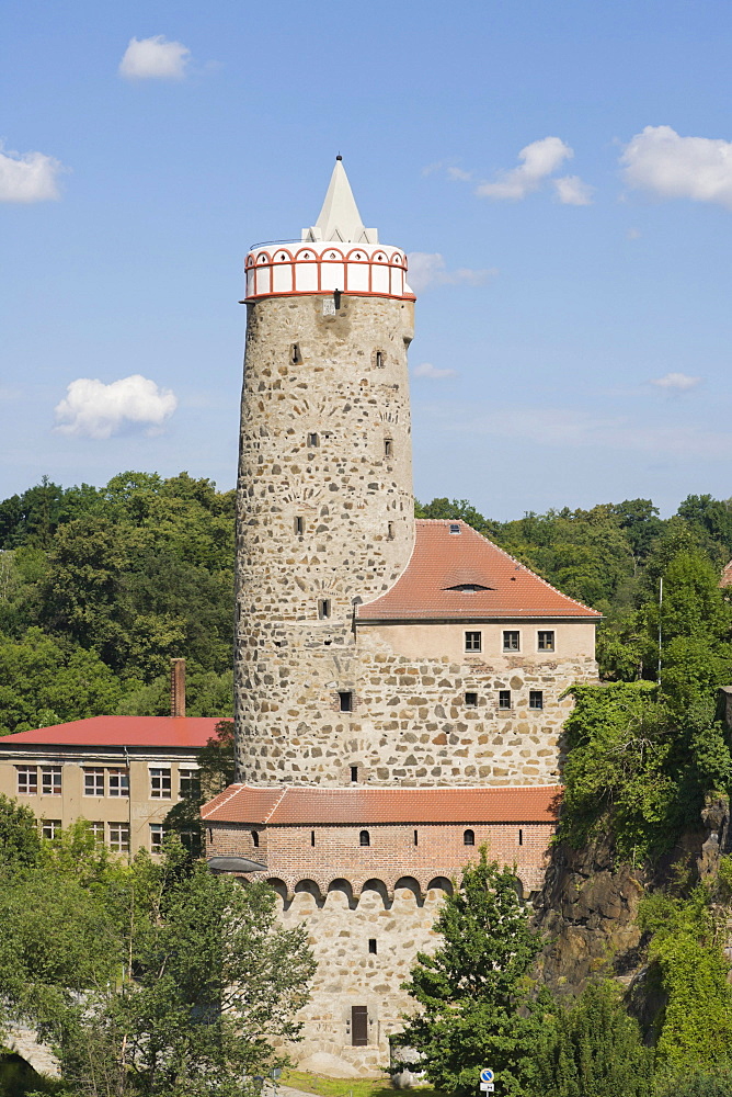 Old Waterworks, Alte Wasserkunst, Stara wodarnja, viewed from Peace Bridge, Friedensbruecke, Bautzen, Budysin, Budysyn, Budziszyn, Dresden region, Eastern Saxony, Upper Lusatia, Germany, Europe