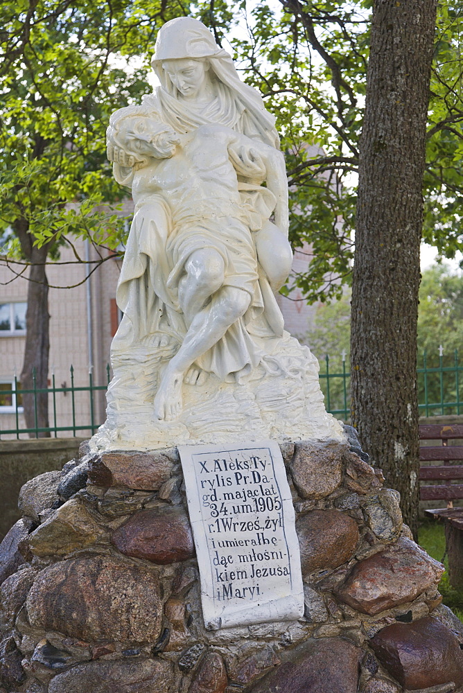 Sculpture in the yard of Dagdas Svetas Trisvienibas Romas katolu baznica, Dagda Holy Trinity Roman Catholic Church, Alejas iela Street, Kraslava District, Latgale, Latvia, Northern Europe