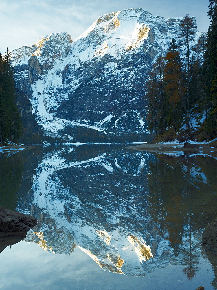 Lago di Braies or Pragser Wildsee lake at sunrise, Puster Valley, Alto Adige, Italy, Europe