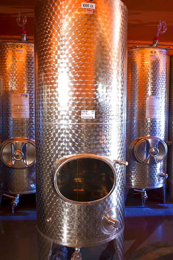 Empty and filled steel barrels for fermenting alcoholic beverages, Germany, Europe