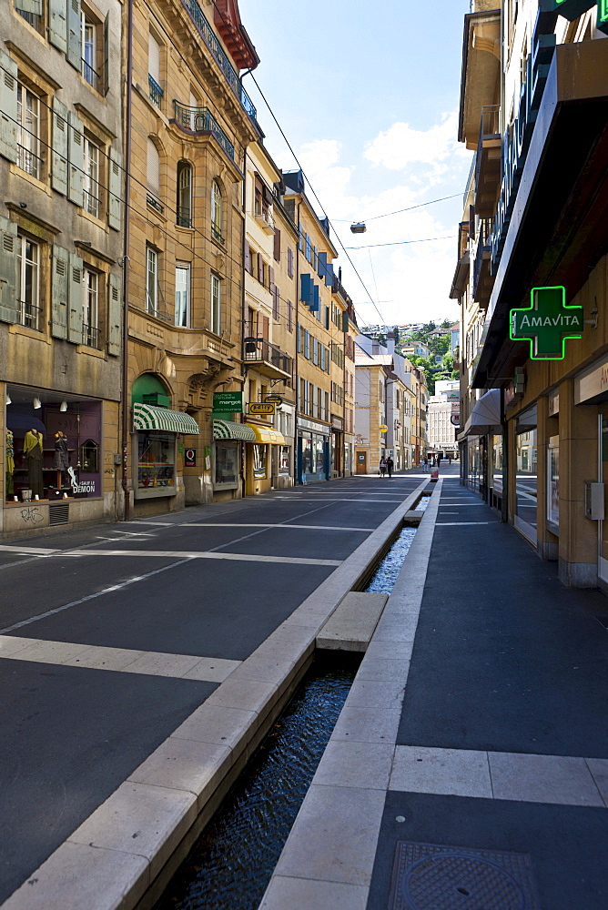 Old town with Rue de Tresor, Neuchatel, Canton Neuchatel, Switzerland, Europe