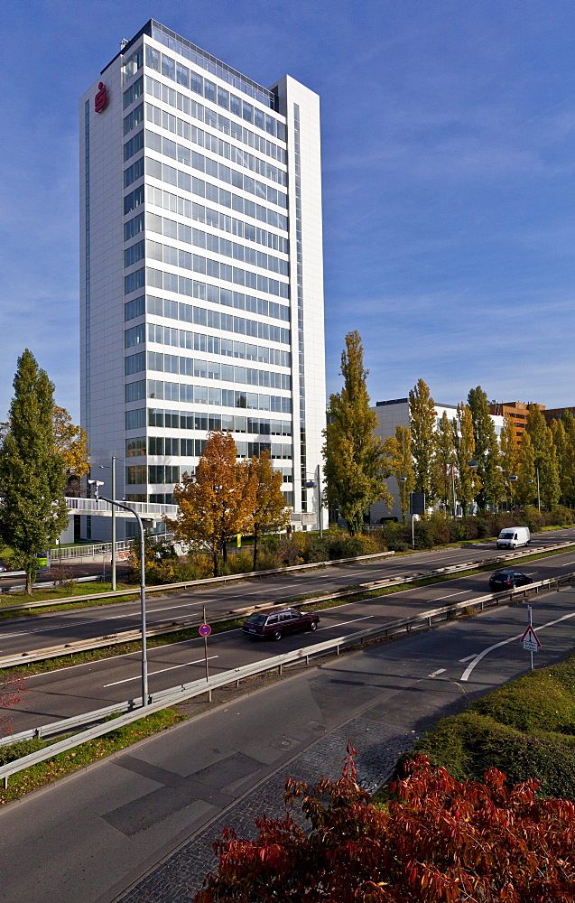 Radial road and view on a building of the Sparkasse building on the A 661, Frankfurt, Hesse, Germany, Europe