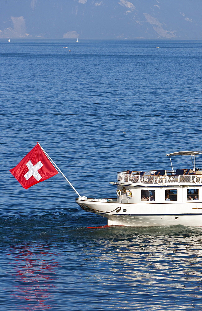 An old paddle-steamer as a ferry for tourists, Morges, canton of Vaud, Switzerland, Europe