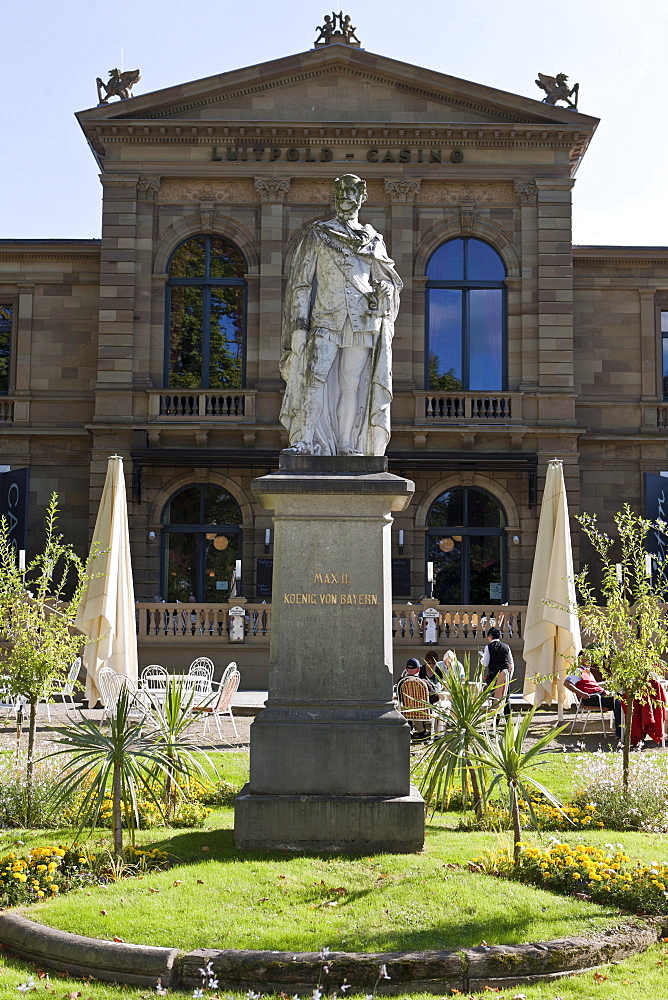 Statue of King Max II of Bavaria in front of the casino, Luitpold Casino, Kurgarten, spa garden, Bad Kissingen, Lower Franconia, Bavaria, Germany, Europe