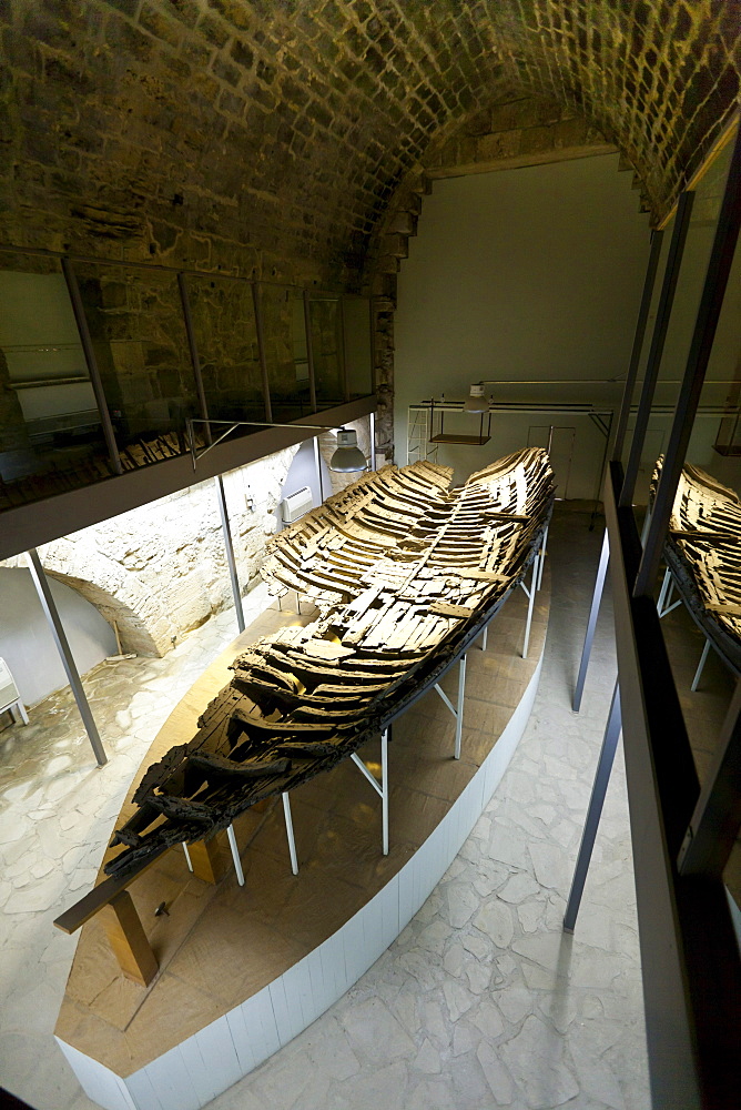 Shipwreck museum, Iron Age shipwreck, the Kyrenia Ship, dated 300 BC, interior view of Kyrenia Castle, Girne, northern Cyprus, Cyprus