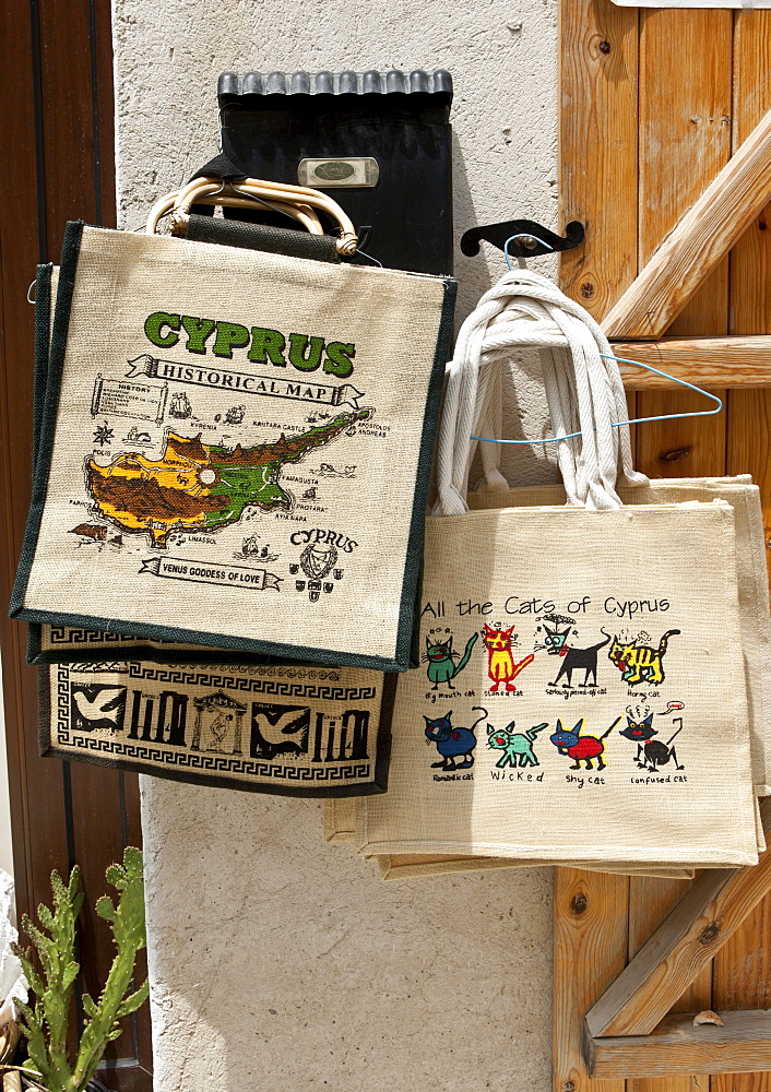 Bags in a souvenir shop, Omodos village, Troodos Mountains, Central Cyprus