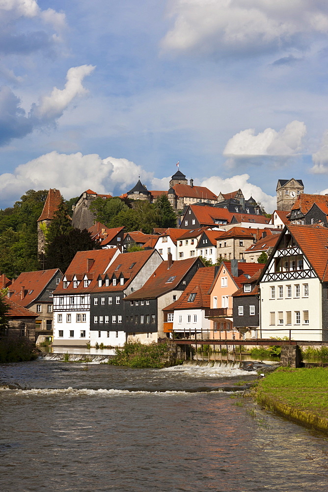 Festung Rosenberg fortress and old town with Hasslach river, Kronach, Upper Franconia, Bavaria, Germany, Europe