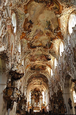 Aisle with ceiling frescoes by Matthaeus Guenther in the Parish Church of the Nativity of the Virgin, Rococo style 1737-1746, Rottenbuch Abbey, Rottenbuch, Upper Bavaria, Germany, Europe