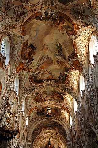 Nave with ceiling frescoes by Matthaeus Guenther, Parish Church of the Nativity of the Virgin, Rococo style 1737-1746, Rottenbuch Abbey, Rottenbuch, Upper Bavaria, Germany, Europe