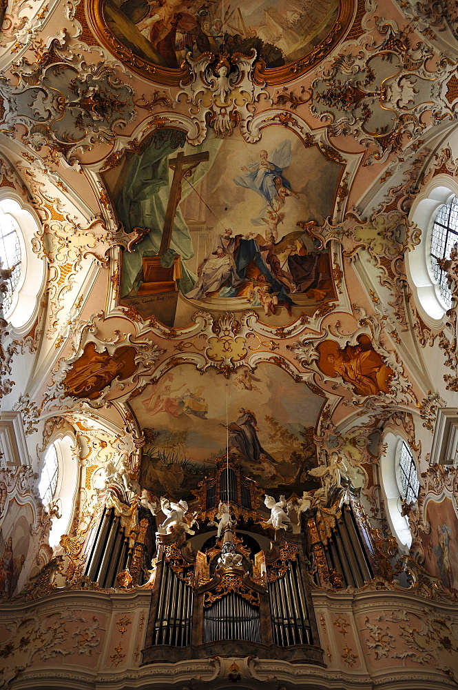 Organ, built by Balthasar Freiwiss from Aitrang, and ceiling frescoes by Matthaeus Guenther, Parish Church of the Nativity of the Virgin, Rococo style 1737-1746, Rottenbuch Abbey, Rottenbuch, Upper Bavaria, Germany, Europe