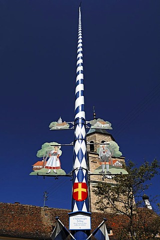 Maypole against a blue sky in front of the tower of the Parish Church, Kirchplatz, Polling, Upper Bavaria, Germany, Europe