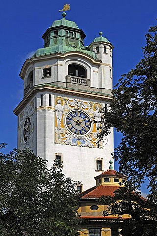 Decorative clock tower of the Muellerschen Volksbad public swimming pool, Art Nouveau, 1897-1901, Rosenheim Strasse 1, Munich, Bavaria, Germany, Europe