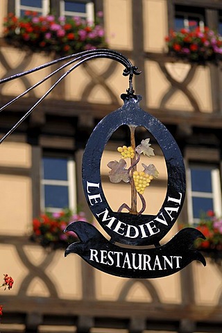 Restaurant sign, Le Medieval, 55 Rue du General de Gaulle, Riquewihr, Alsace, France, Europe